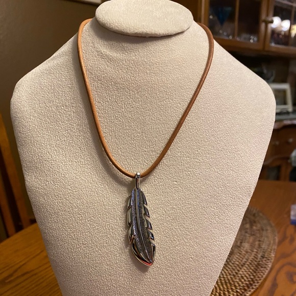 Lauren Ralph Lauren Jewelry - Silvertone feather pendant leather necklace LRL Lauren Ralph Lauren Jewelry - Silvertone feather pendant leather necklace LRL